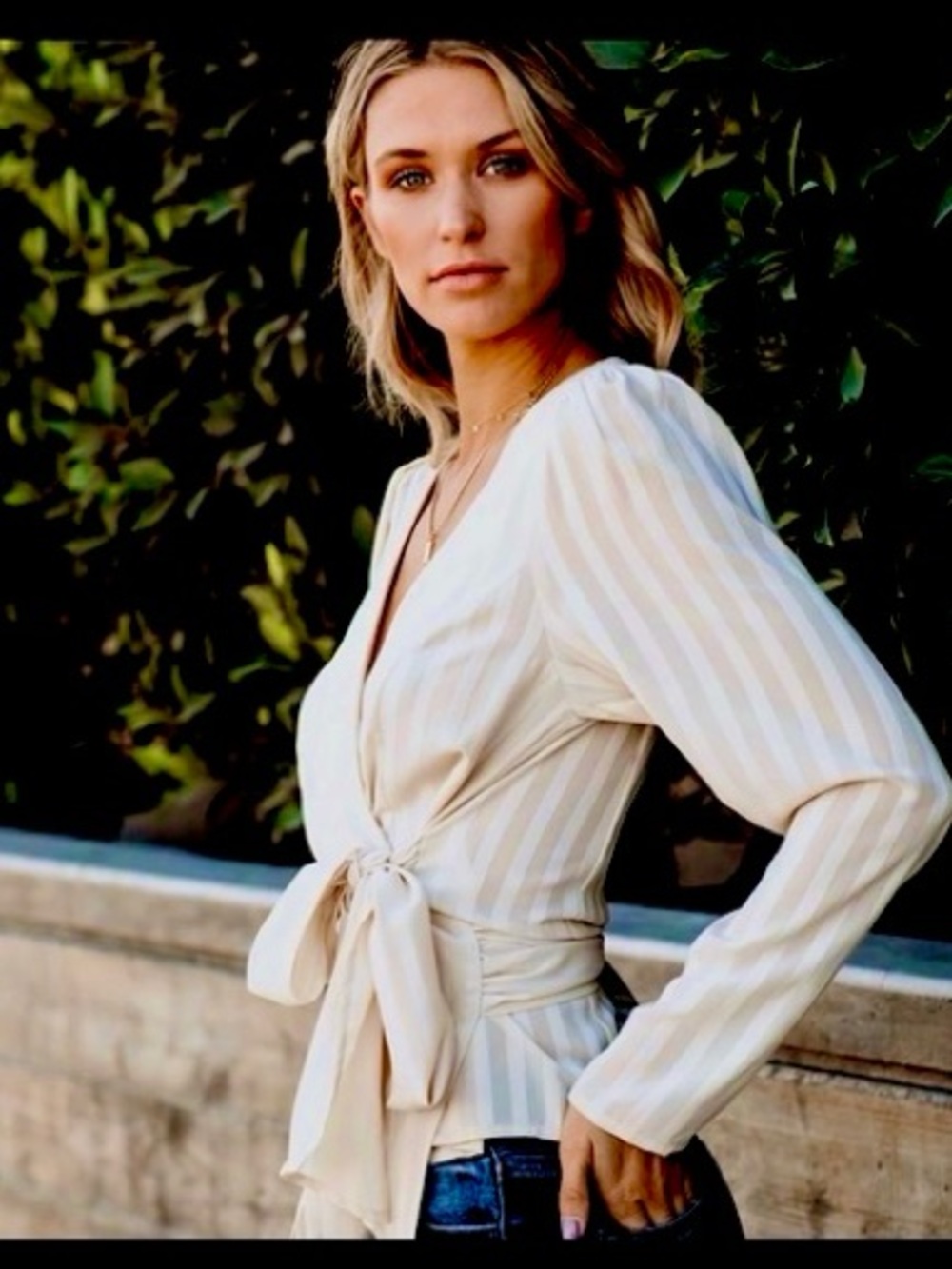 Vici Cream Striped Wrap Blouse